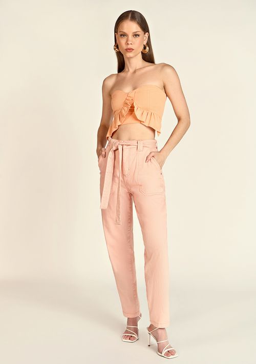 Calça Zinco Cenoura Cós Alto Com Faixa Laranja