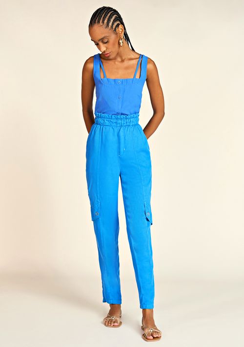 Calça Zinco Cenoura Cós Alto Com Lapela Azul
