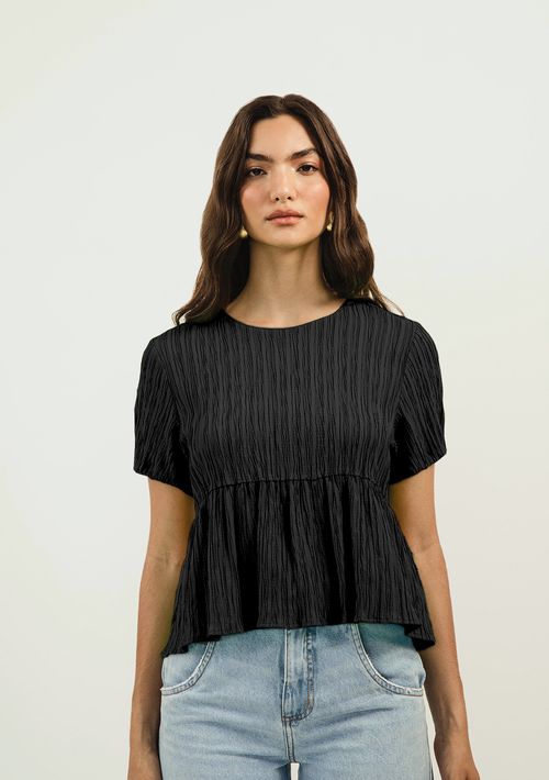 Blusa Zinco Decote Redondo Manga Curta Amarração Costas Preto