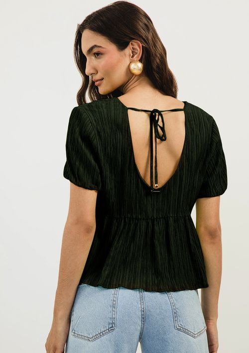 Blusa Zinco Decote Redondo Manga Curta Amarração Costas Preto