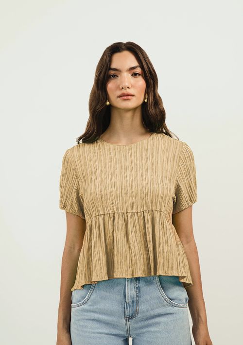 Blusa Zinco Decote Redondo Manga Curta Amarração Costas Bege