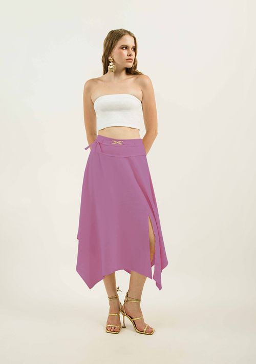 Saia Zinco Midi Fluida Com Fenda Rosa