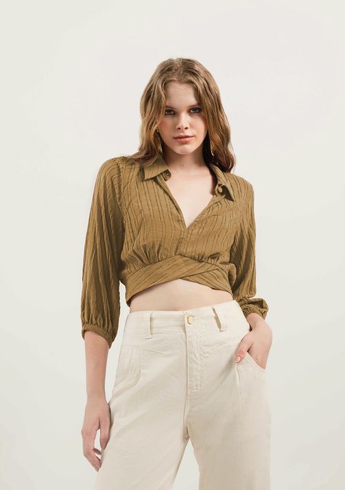 Camisa Zinco Manga Longa Com Transpasse Marrom