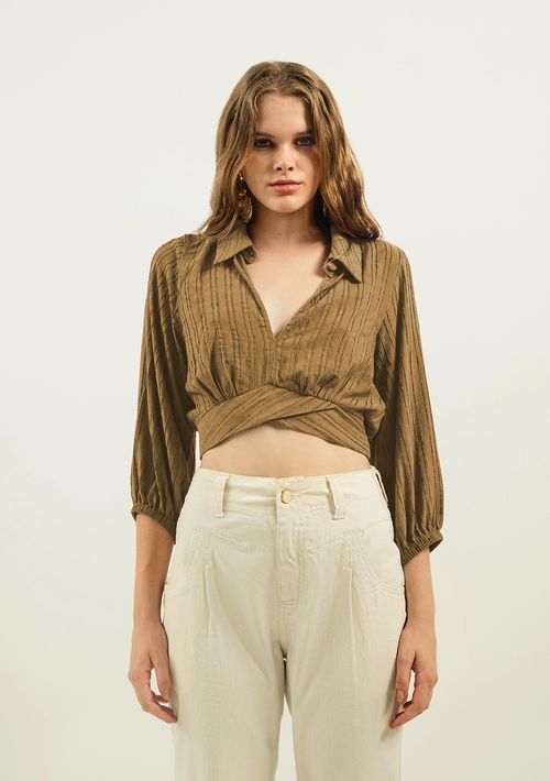 Camisa Zinco Manga Longa Com Transpasse Marrom