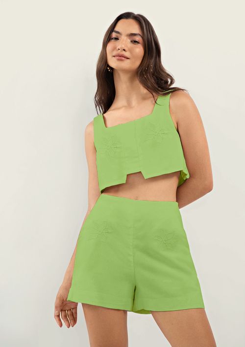 Top Zinco Cropped Cavado Bordado Verde Claro