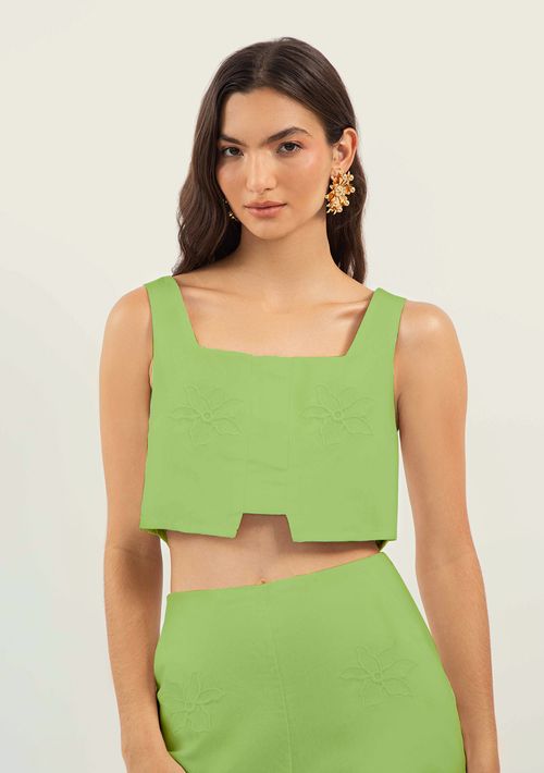 Top Zinco Cropped Cavado Bordado Verde Claro