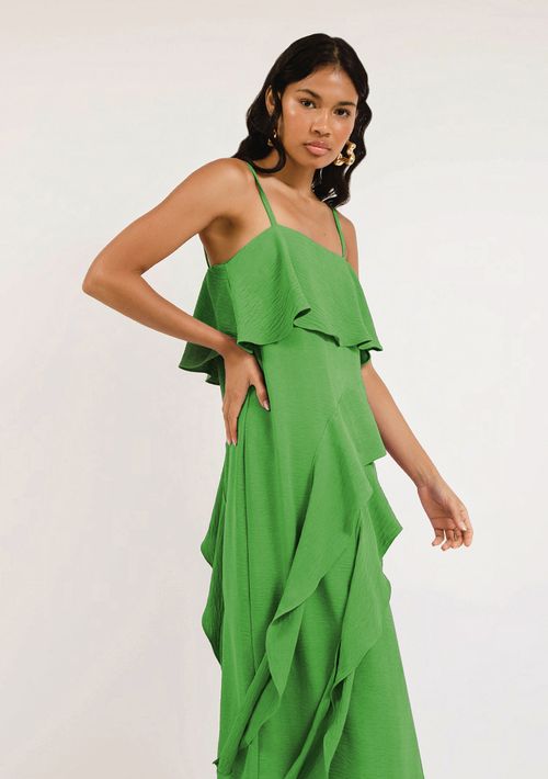 Vestido Zinco Midi Decote Reto Com Babado Verde