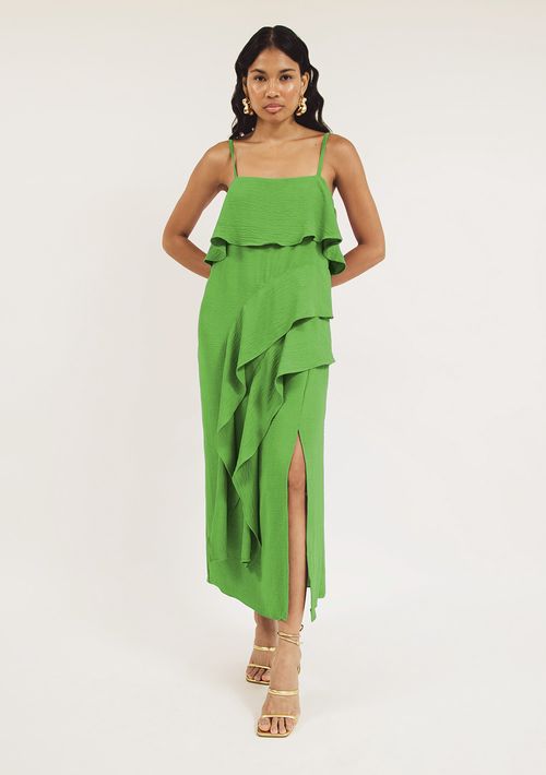 Vestido Zinco Midi Decote Reto Com Babado Verde