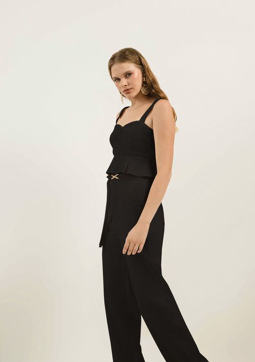 Calça Zinco Pantalona Reta Cós Alto Com Cinto Preto