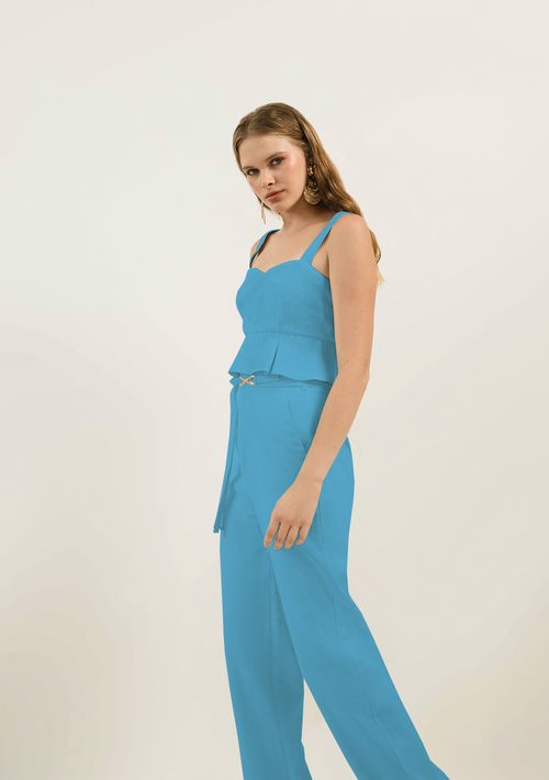 Calça Zinco Pantalona Reta Cós Alto Com Cinto Azul