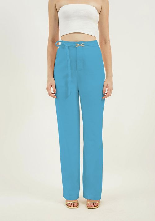 Calça Zinco Pantalona Reta Cós Alto Com Cinto Azul