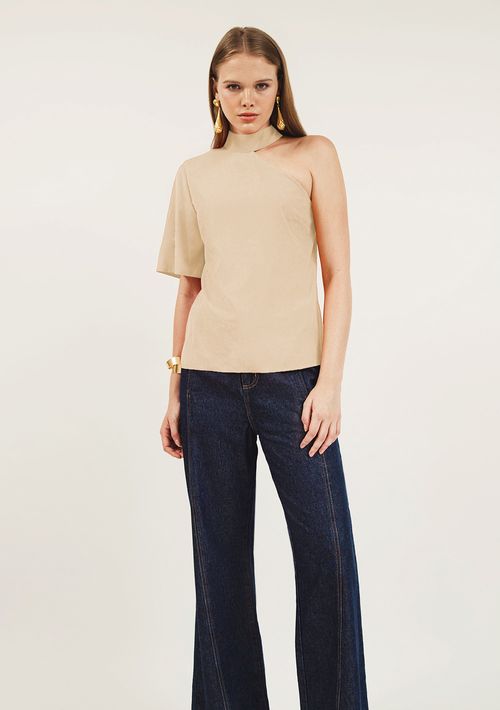 Blusa Zinco Gola Redonda Manga Assimétrica Com Botão Bege