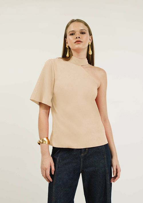 Blusa Zinco Gola Redonda Manga Assimétrica Com Botão Bege