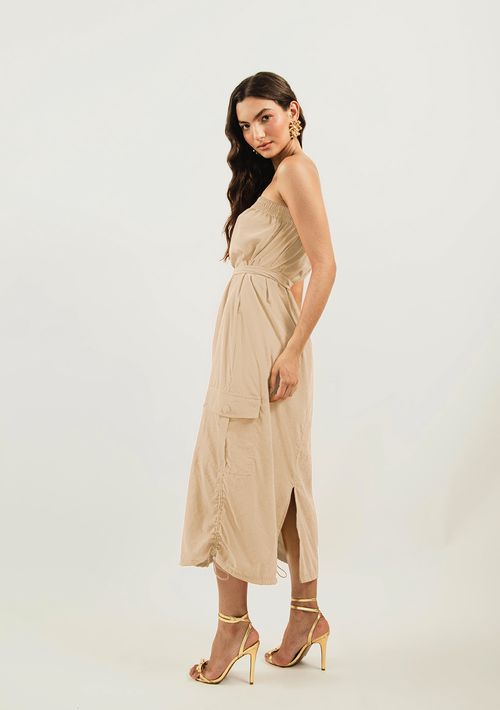 Vestido Zinco Midi Tomara Que Caia Bolso Cargo Bege