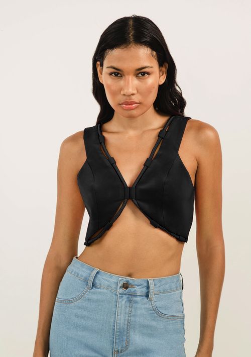 Top Zinco Cropped Cavado Com Cordão Preto