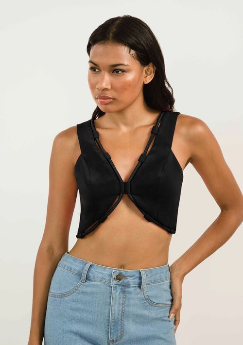 Top Zinco Cropped Cavado Com Cordão Preto
