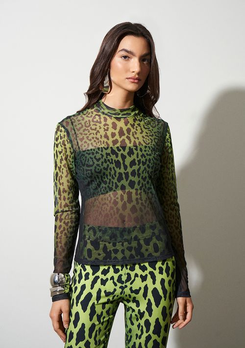 Blusa Lebôh Gola Alta Manga Longa Estampada Verde