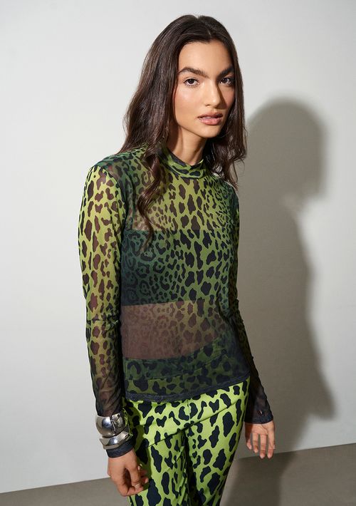 Blusa Lebôh Gola Alta Manga Longa Estampada Verde