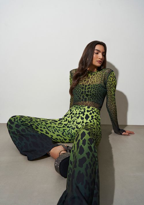 Calca Lebôh Flare Cós Alto Estampada Verde