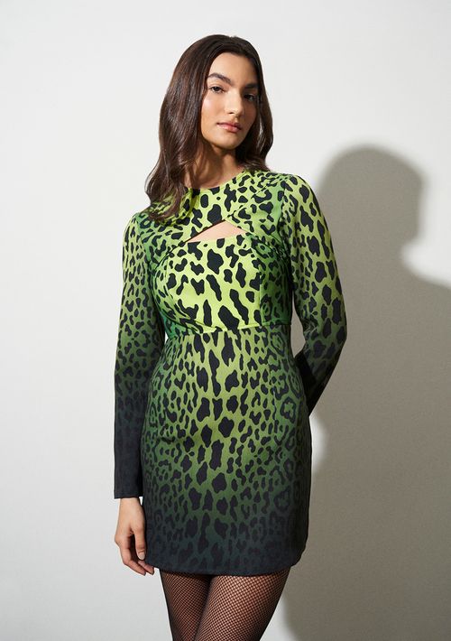 Vestido Lebôh Curto Decote Redondo Abertura Frente Verde