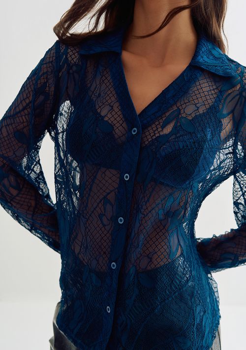 Camisa Lebôh Manga Longa Com Botões Azul Marinho