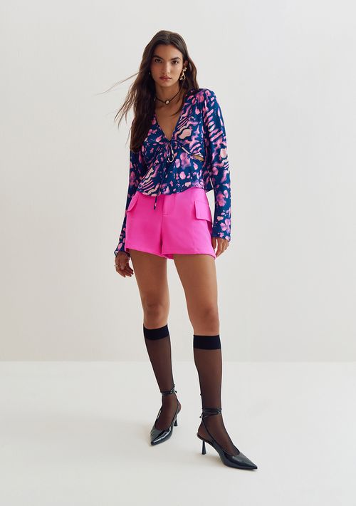 Blusa Lebôh Decote V Manga Longa Abertura Frente Roxo