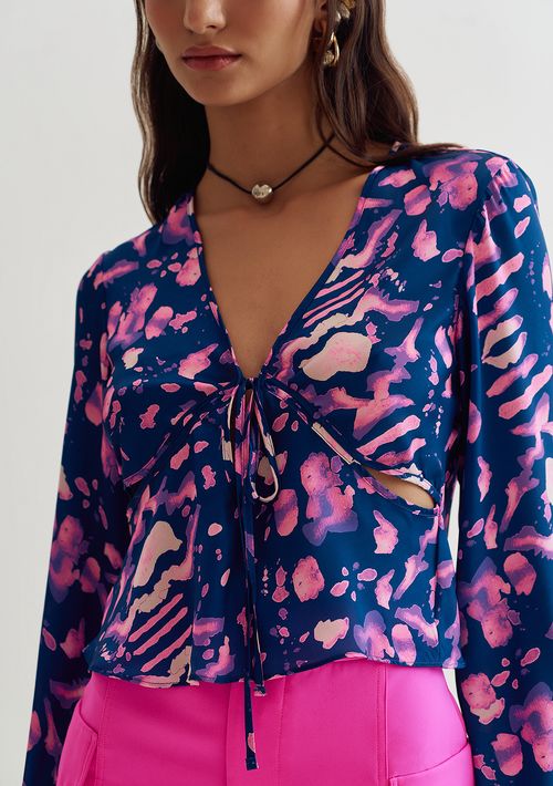 Blusa Lebôh Decote V Manga Longa Abertura Frente Roxo