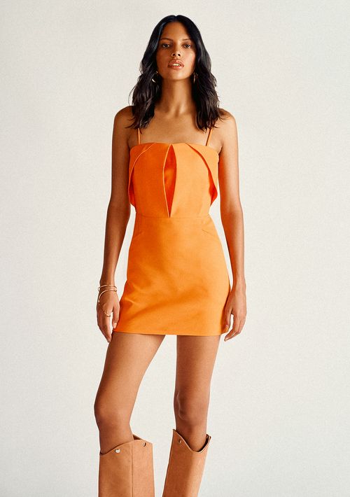 Vestido Lebôh Curto Decote Reto Com Bolso Laranja