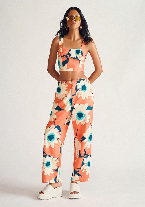 Calça Lebôh Reta Cós Alto Bolso Faca Laranja