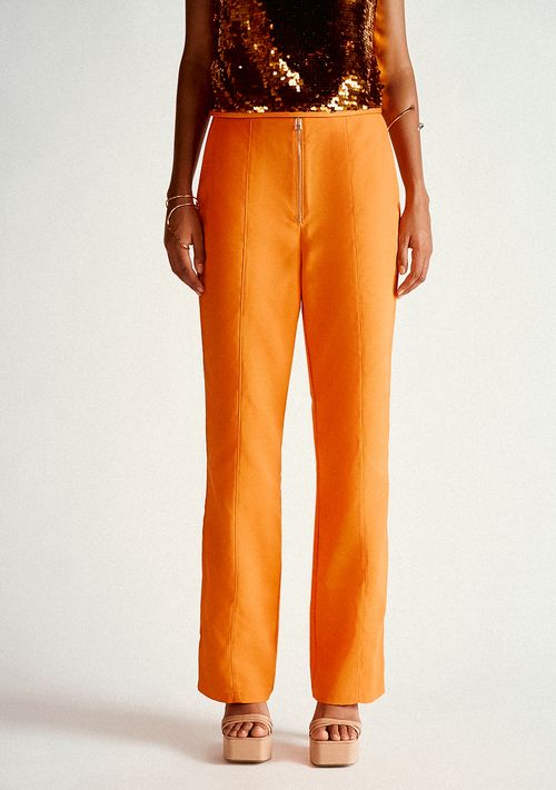 Calça Lebôh Flare Cós Alto Detalhe Zíper Laranja