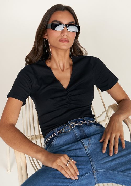 Blusa Zinco Decote V Manga Curta Com Franzido Preto