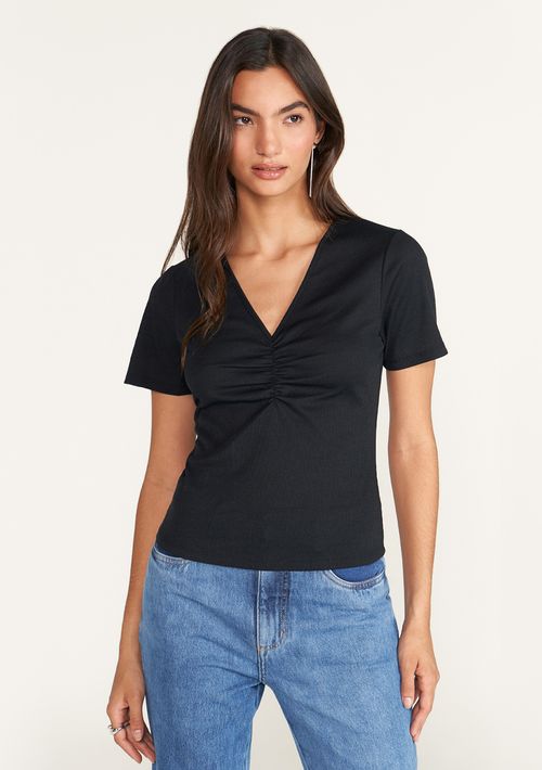 Blusa Zinco Decote V Manga Curta Com Franzido Preto