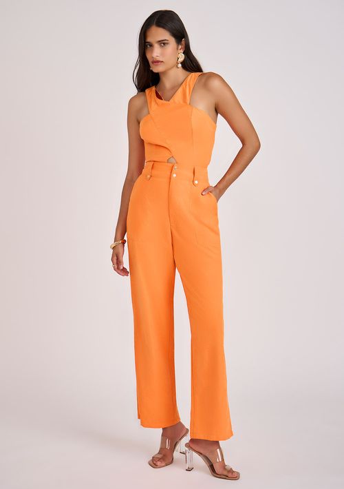 Calça Zinco Reta Cós Alto Com Bolso Laranja