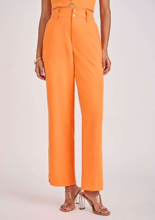 Calça Zinco Reta Cós Alto Com Bolso Laranja