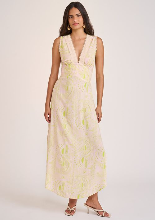 Vestido Zinco Midi Decote V Detalhe Aviamentos Verde Claro