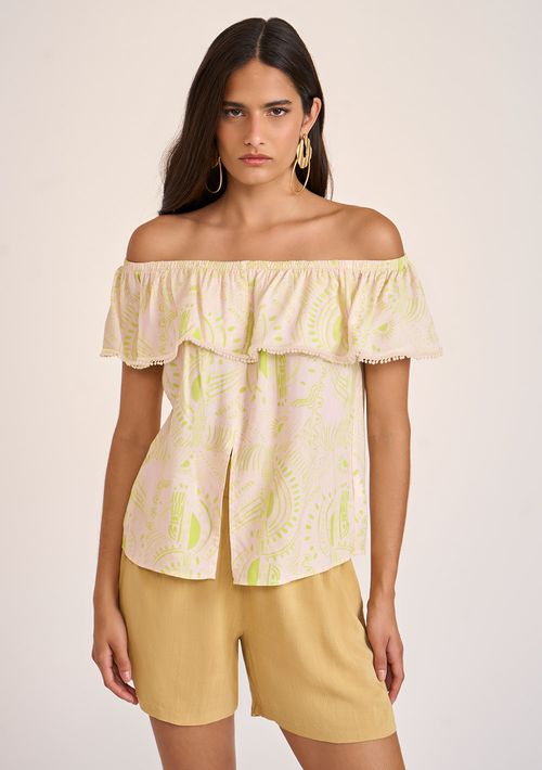 Blusa Zinco Ombro A Ombro Manga Babado Detalhe Renda Verde Claro