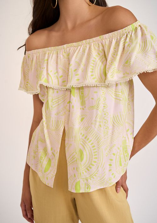 Blusa Zinco Ombro A Ombro Manga Babado Detalhe Renda Verde Claro