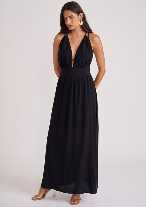 Vestido Zinco Longo Decote Profundo Detalhe Costas Preto