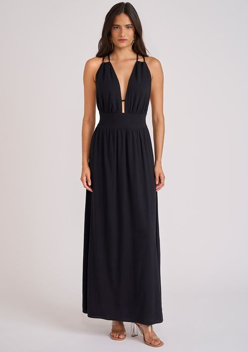 Vestido Zinco Longo Decote Profundo Detalhe Costas Preto