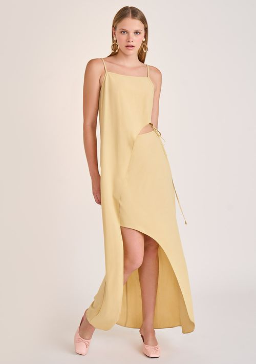 Vestido Zinco Longo Decote Reto Com Fenda Bege