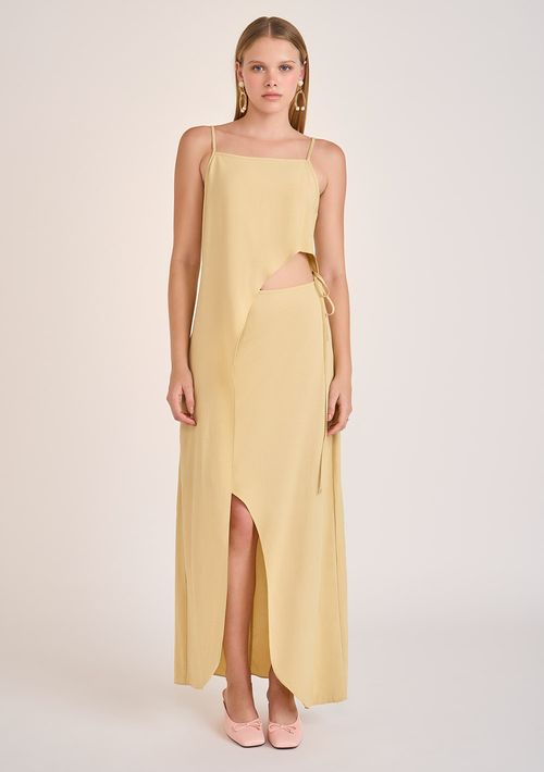 Vestido Zinco Longo Decote Reto Com Fenda Bege