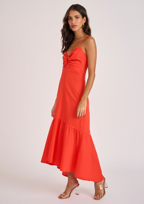 Vestido Zinco Midi Decote V Com Lastex Vermelho