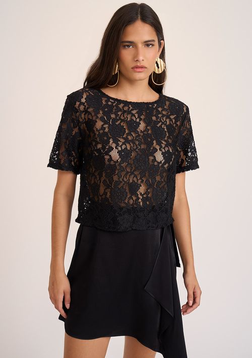 Blusa Zinco Solta Decote Canoa Manga Curta Padrão Preto