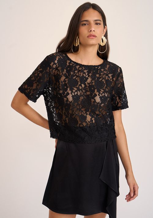 Blusa Zinco Solta Decote Canoa Manga Curta Padrão Preto