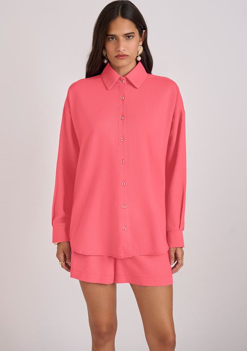 Camisa Zinco Oversized Decote V Manga Longa Alongada Rosa