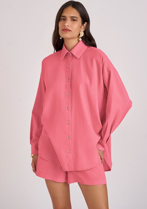 Camisa Zinco Oversized Decote V Manga Longa Alongada Rosa