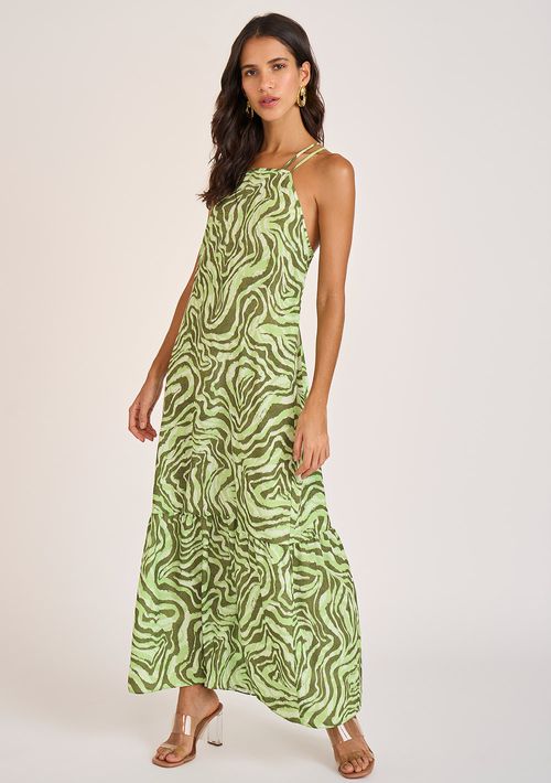 Vestido Zinco Solto Decote Reto Sem Manga Midi Verde