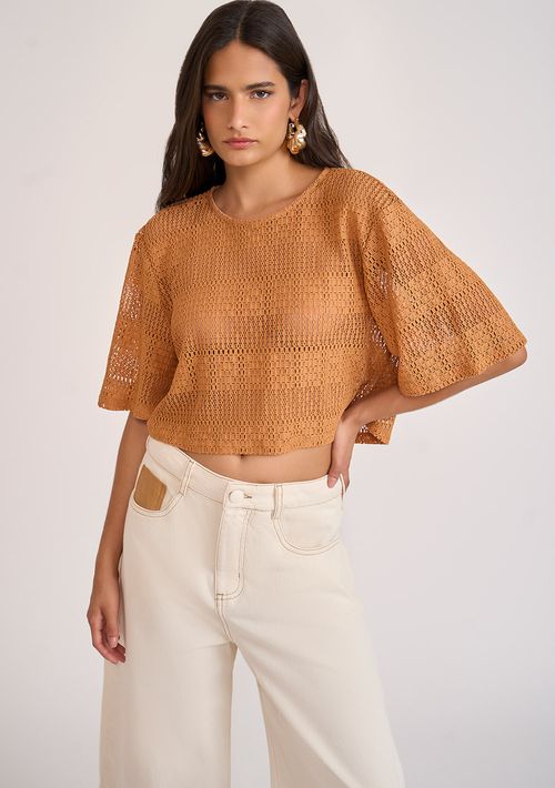 Camiseta Zinco Solta Decote Careca Manga Curta Cropped Marrom