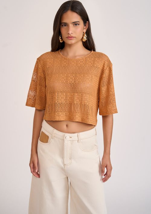 Camiseta Zinco Solta Decote Careca Manga Curta Cropped Marrom