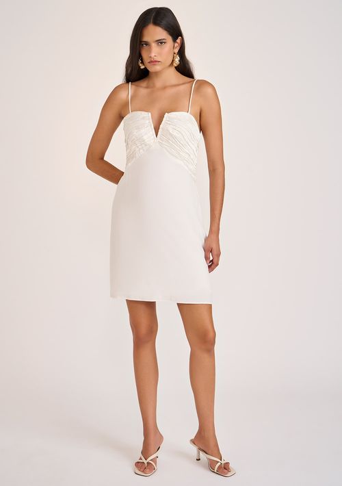 Vestido Zinco Ajustado Decote V Sem Manga Curto Off White